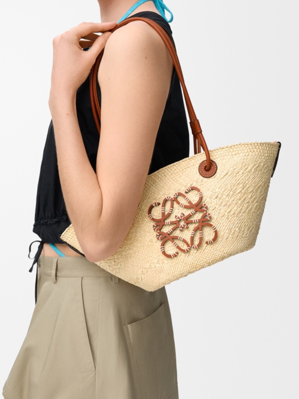 Loewe Calfskin Raffia Small Anagram Basket Tote Bag Natural Tan